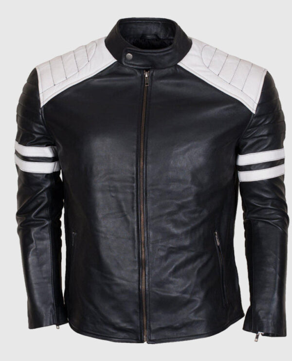 Men's White Stripes Black Cafe Racer Leather Jacket