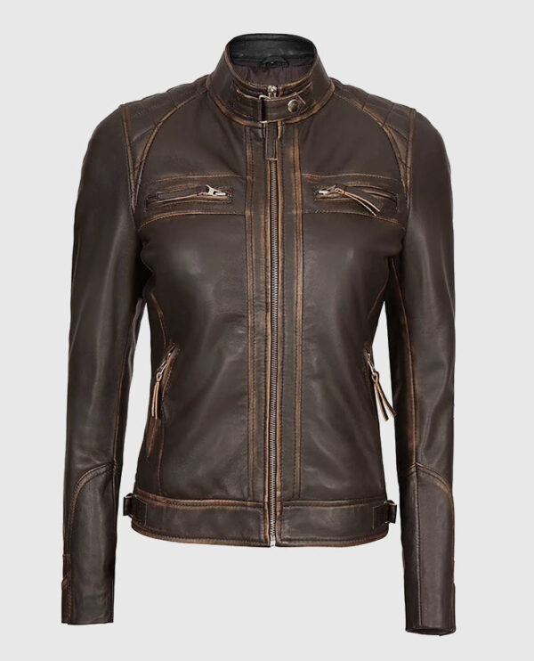 Women's Rub Off Dark Brown Quilted Leather Cafe Racer Jacket