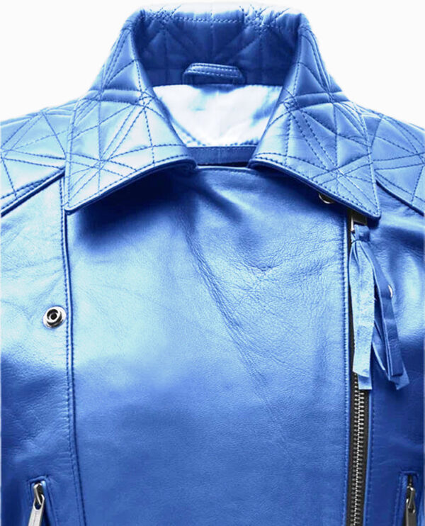 Women's Blue Biker Leather Jacket - Image 3