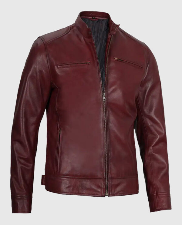 Men's Maroon Cafe Racer Leather Jacket - Image 4