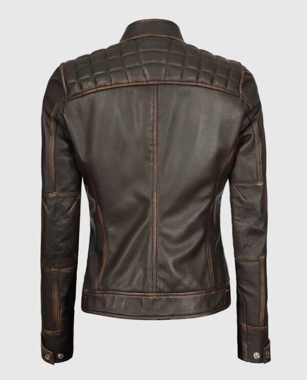 Women's Rub Off Dark Brown Quilted Leather Cafe Racer Jacket - Image 7
