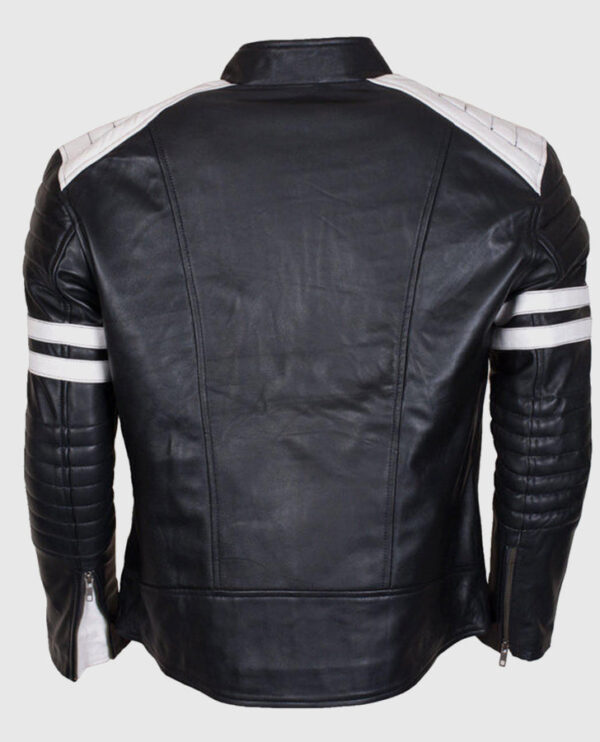 Men's White Stripes Black Cafe Racer Leather Jacket - Image 2