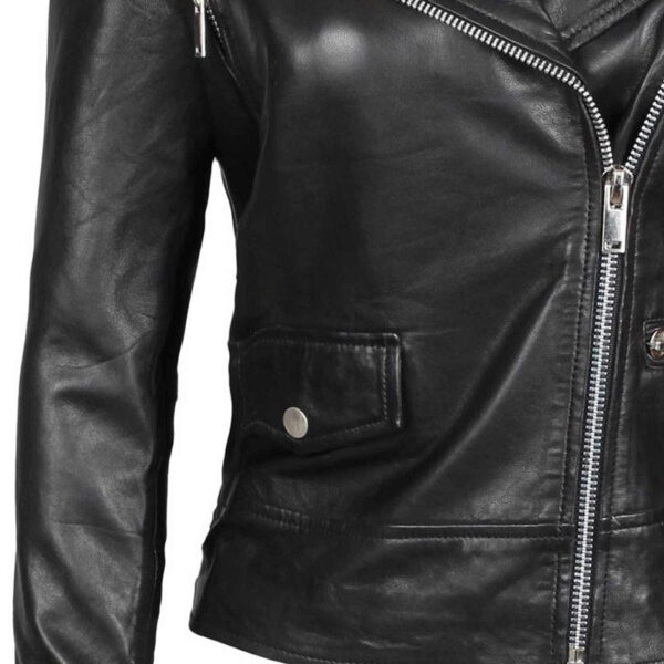 Amber Women Asymmetrical Black Biker Leather Jacket - Image 3