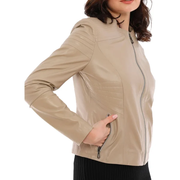 Phoebe Beige Moto Leather Jacket - Image 4