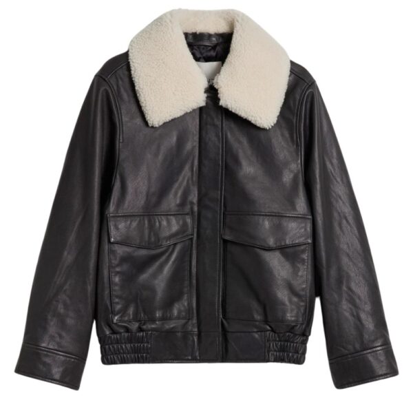 Womens Black Leather Jacket with Shearling Collar