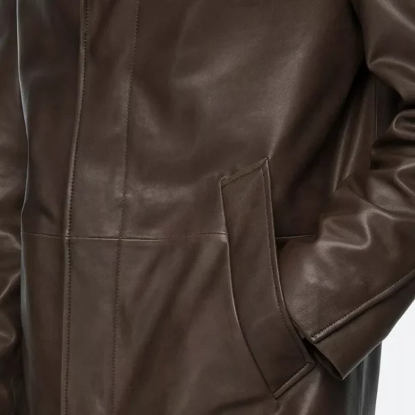 Men’s Notch Lapel Brown Midi Leather Coat - Image 6