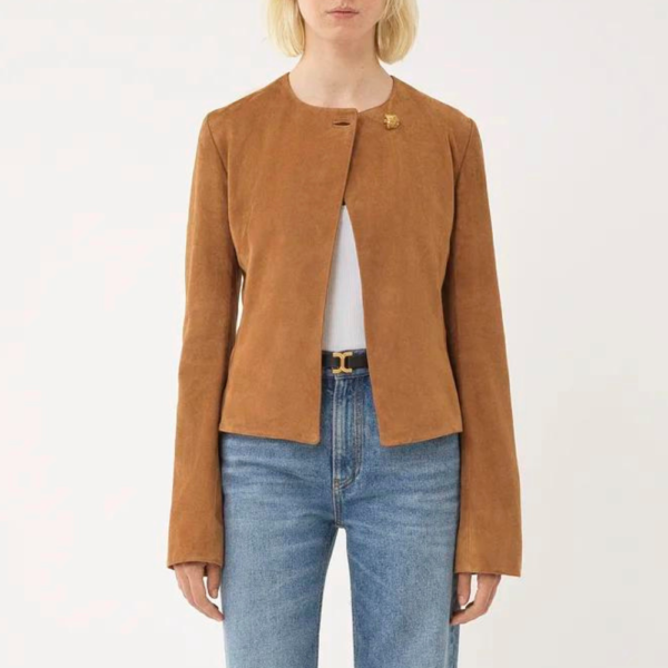 Womens Brown Fitted Collarless Suede Jacket