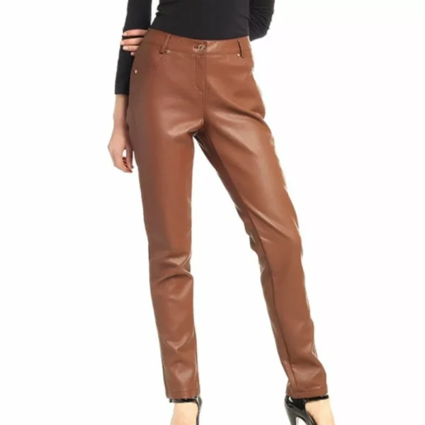 Camel Brown Leather Pants Women - Image 2