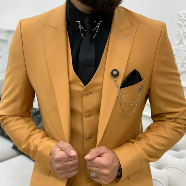 Mustard Slim Fit Peak Lapel Three Piece Suit - Image 2