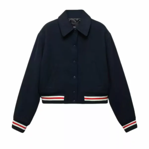 Women Blue Woolen Bomber Varsity Jacket - Image 4