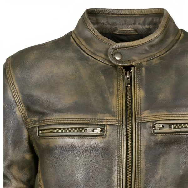 Mens Brown Cafe Racer Genuine Distressed Triple Stitch Leather Jacket - Image 3