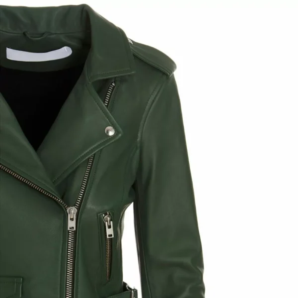 Asymmetrical Green Biker Leather Jacket Women - Image 3