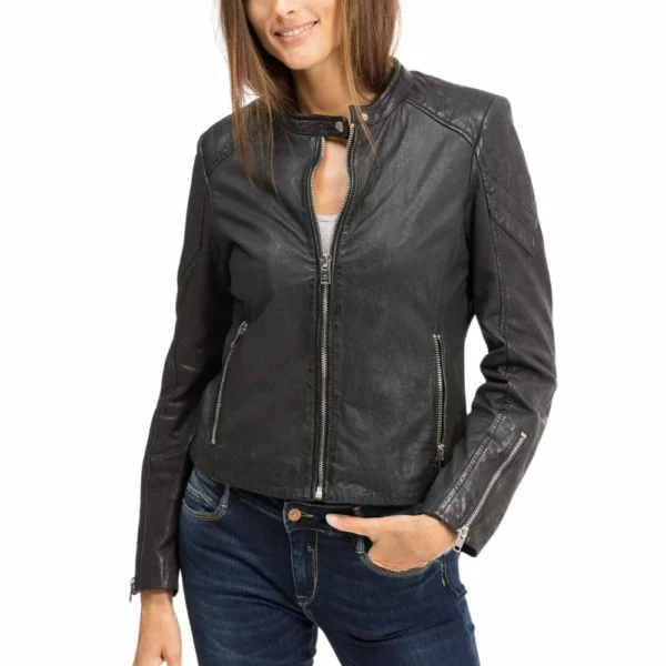 Women Black Slim Fit Biker Genuine Leather Jacket