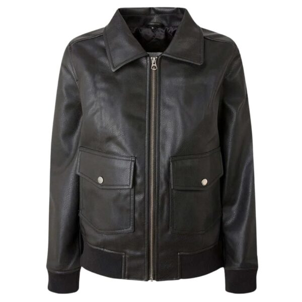 Womens Classic Collared Black Bomber Leather Jacket