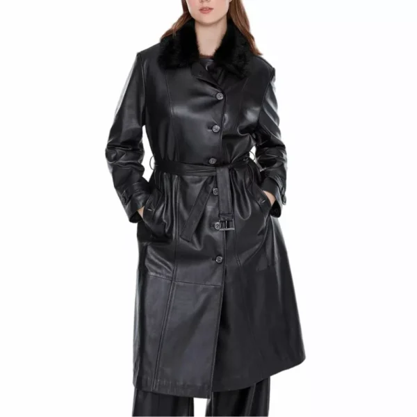 Black Leather Trench Coat With Fur Collar For Women