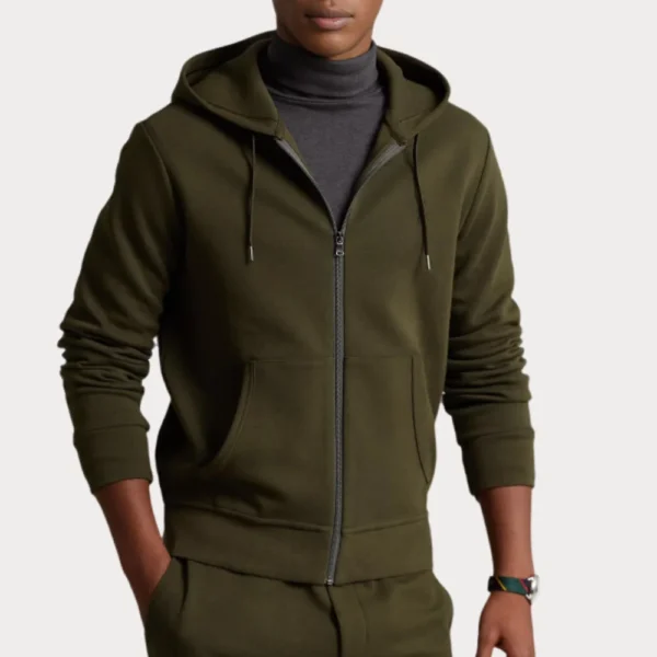 Mens Dark Green Full Zip Long Sleeved Hoodie - Image 2