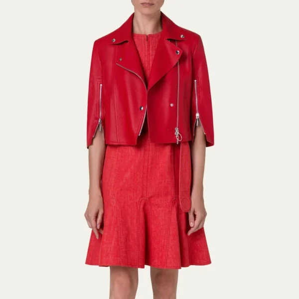 Womens Red Cropped Leather Moto Jacket - Image 2