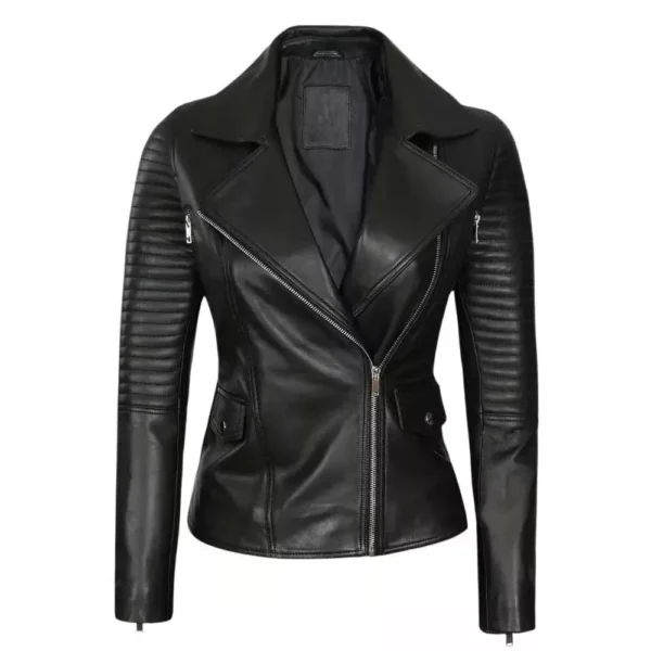 Womens Black Asymmetrical Leather Jacket - Image 3