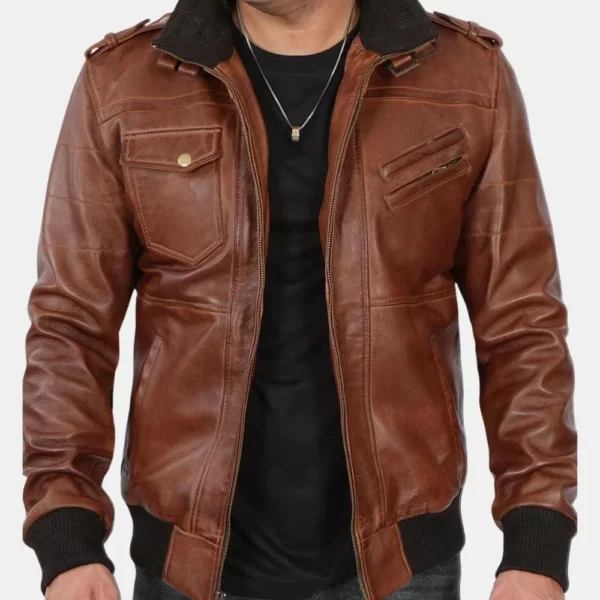 Men’s Brown Leather Bomber Jacket With Removable Hood - Image 4