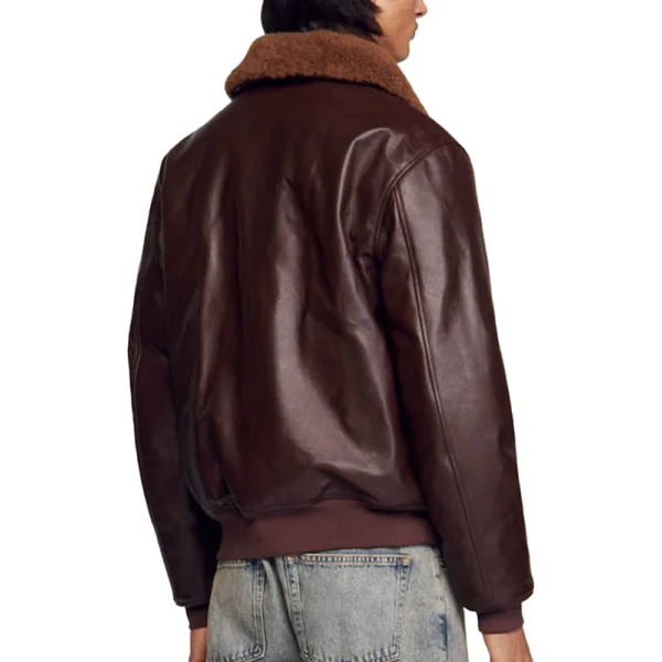 Dark Brown Leather Bomber Jacket With Shearling Collar Men - Image 2