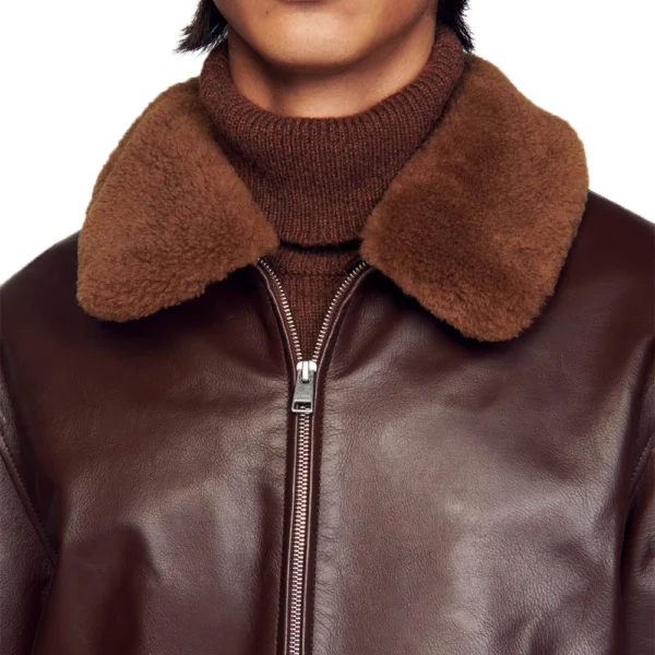Dark Brown Leather Bomber Jacket With Shearling Collar Men - Image 4