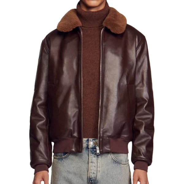 Dark Brown Leather Bomber Jacket With Shearling Collar Men - Image 3