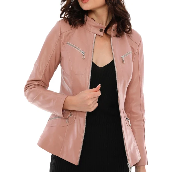 Freya Pink Leather Moto Leather Jacket - Image 4