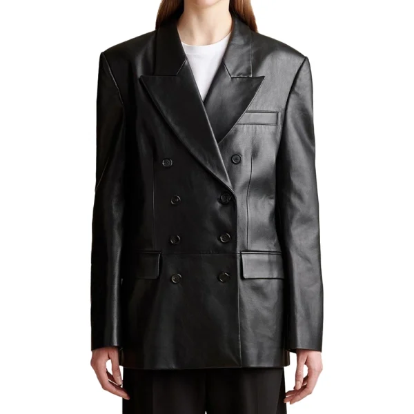Double Breasted Black Leather Blazer For Women