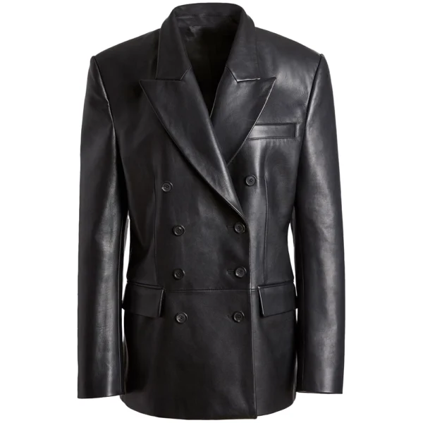 Double Breasted Black Leather Blazer For Women - Image 3