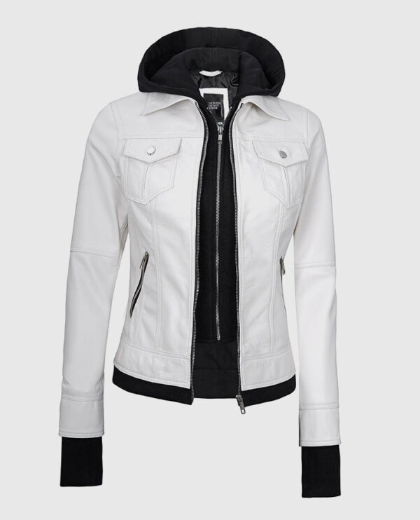 Women's White Bomber Leather Jacket with Hood - Image 6