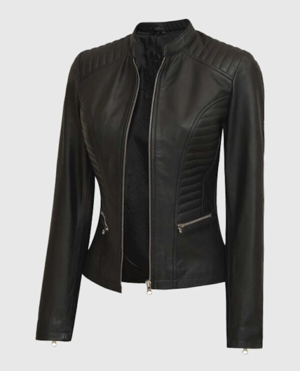 Women's Rachel Petite Black Cafe Racer Leather Jacket - Image 4
