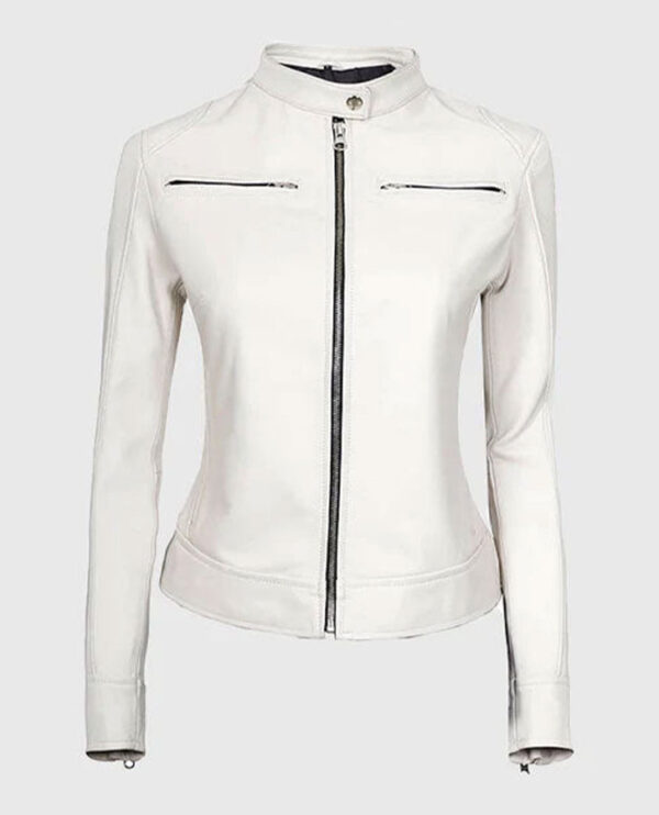 Women's White Leather Cafe Racer Jacket