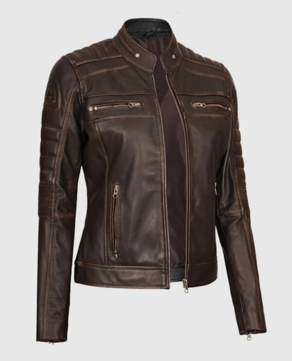Women's Austin Dark Brown Cafe Racer Biker Jacket - Image 3