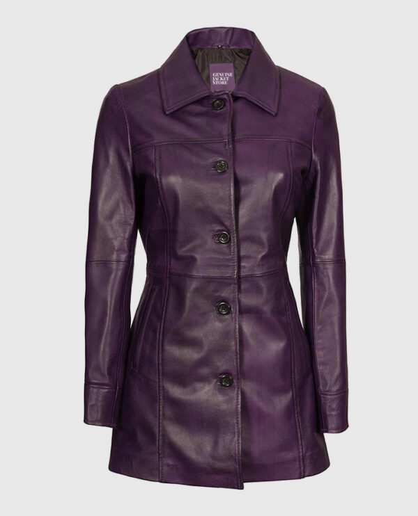 Women's Mid-Length Leather Purple Coat - Image 4