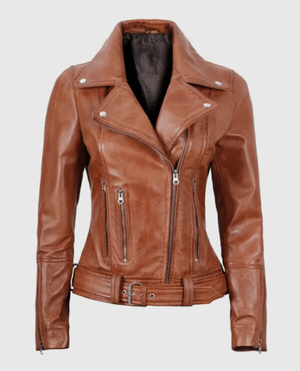 Women's Light Brown Asymmetrical Leather Biker Jacket - Belted