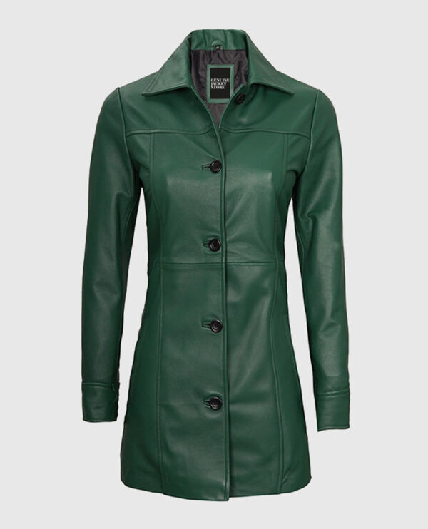 Women's Green Leather Coat - Image 3