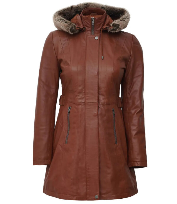 Jean Brown Shearling Coat Womens with Removable Hood - Image 4