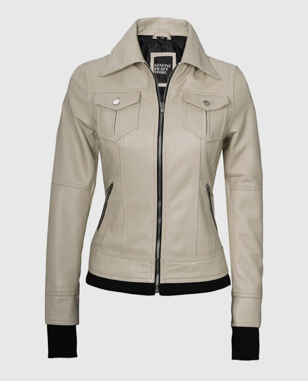 Women's Beige Bomber Leather Jacket with Hood - Image 4