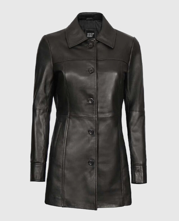 Women's Black Leather Long  Coat - Image 4
