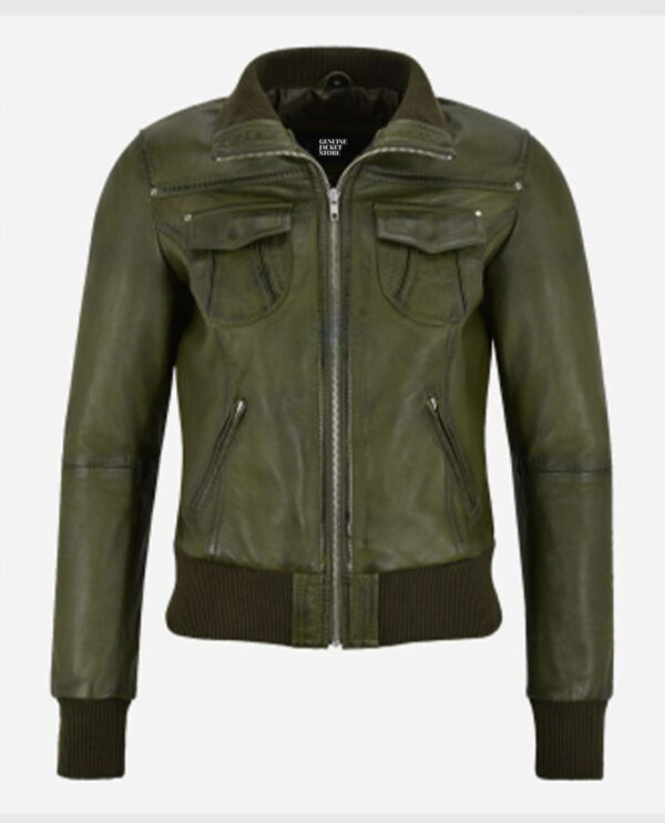 Women's Aviator Olive Bomber Leather Jacket