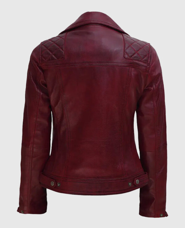 Kimberley Quilted Leather Motorcycle Maroon Jacket for Women - Image 2