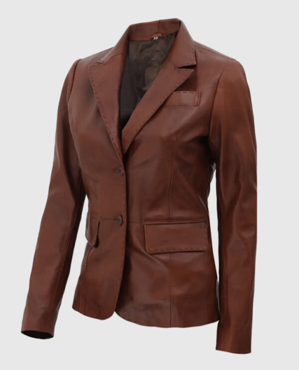 Women's Brown Two Button Leather Blazer Jacket - Image 4