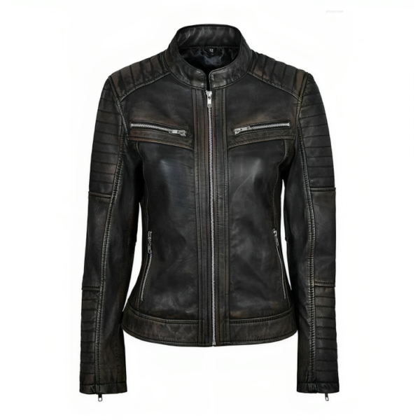 Womens Distressed Black Cafe Racer Jacket