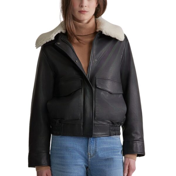 Womens Black Leather Jacket with Shearling Collar - Image 2