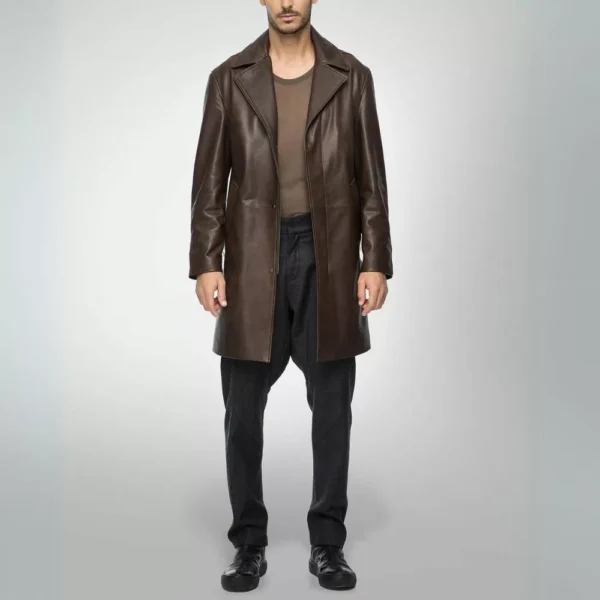 Men’s Notch Lapel Brown Midi Leather Coat - Image 3