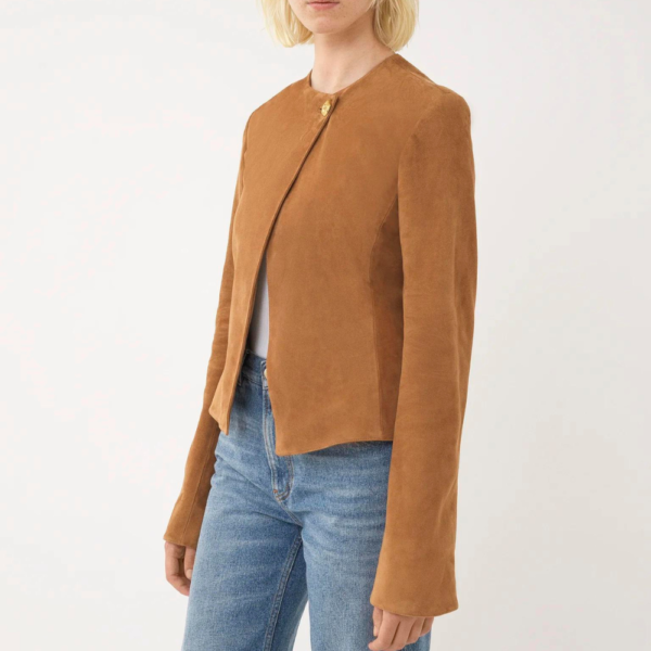Womens Brown Fitted Collarless Suede Jacket - Image 2