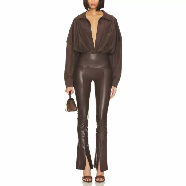 Women’s Front Slit Leather Pants Chocolate Brown - Image 3