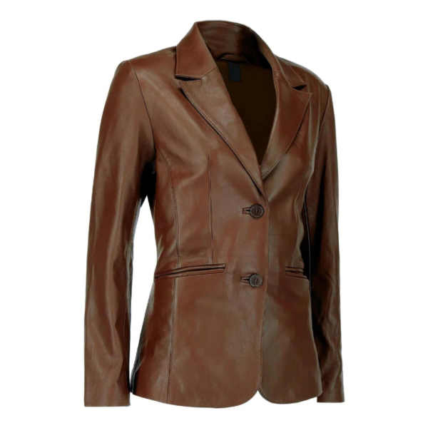 Womens Two Button Dark Brown Leather Blazer - Image 3