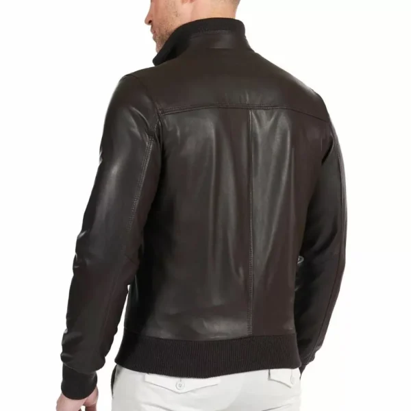 Chocolate Brown Leather Bomber Jacket for Men - Image 2