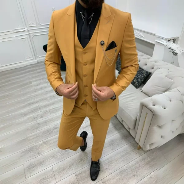Mustard Slim Fit Peak Lapel Three Piece Suit